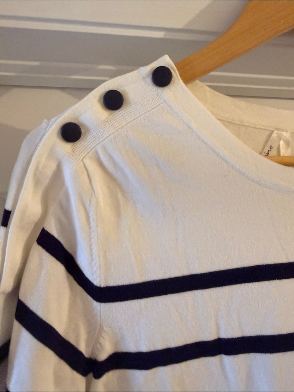 Striped Boatneck Maternity Sweater with Shoulder Buttons - White & Navy
